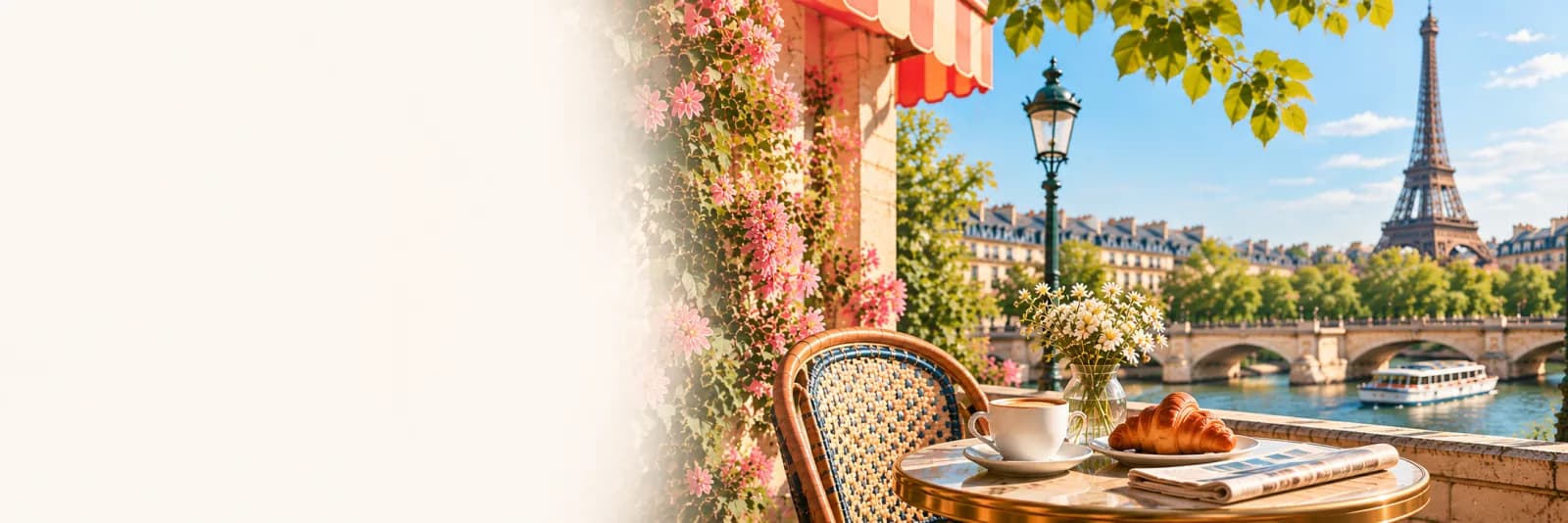 A Paris cafe terrace with flowers and coffee overlooking the Eiffel Tower.