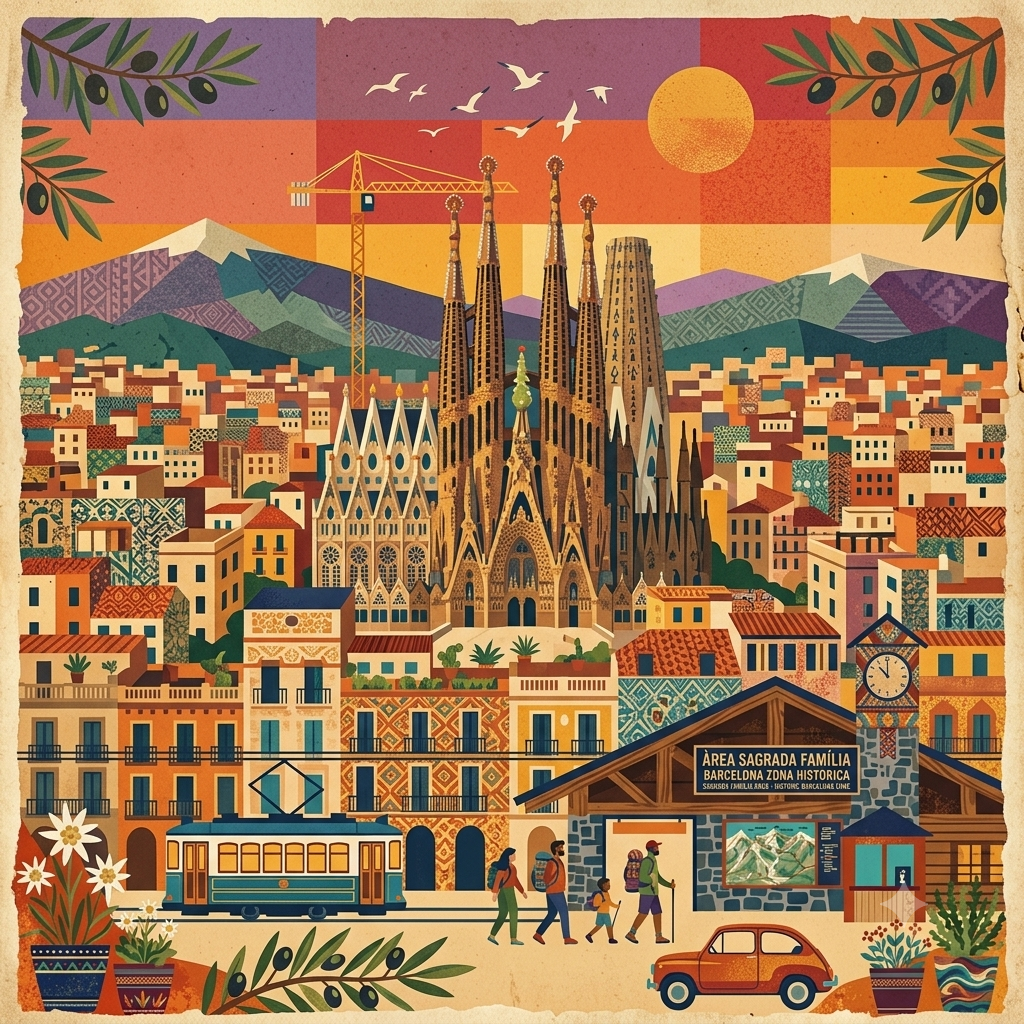 A collaged Barcelona scene: the Sagrada Família rising over patterned rooftops, a tram and olive branches at sunset.