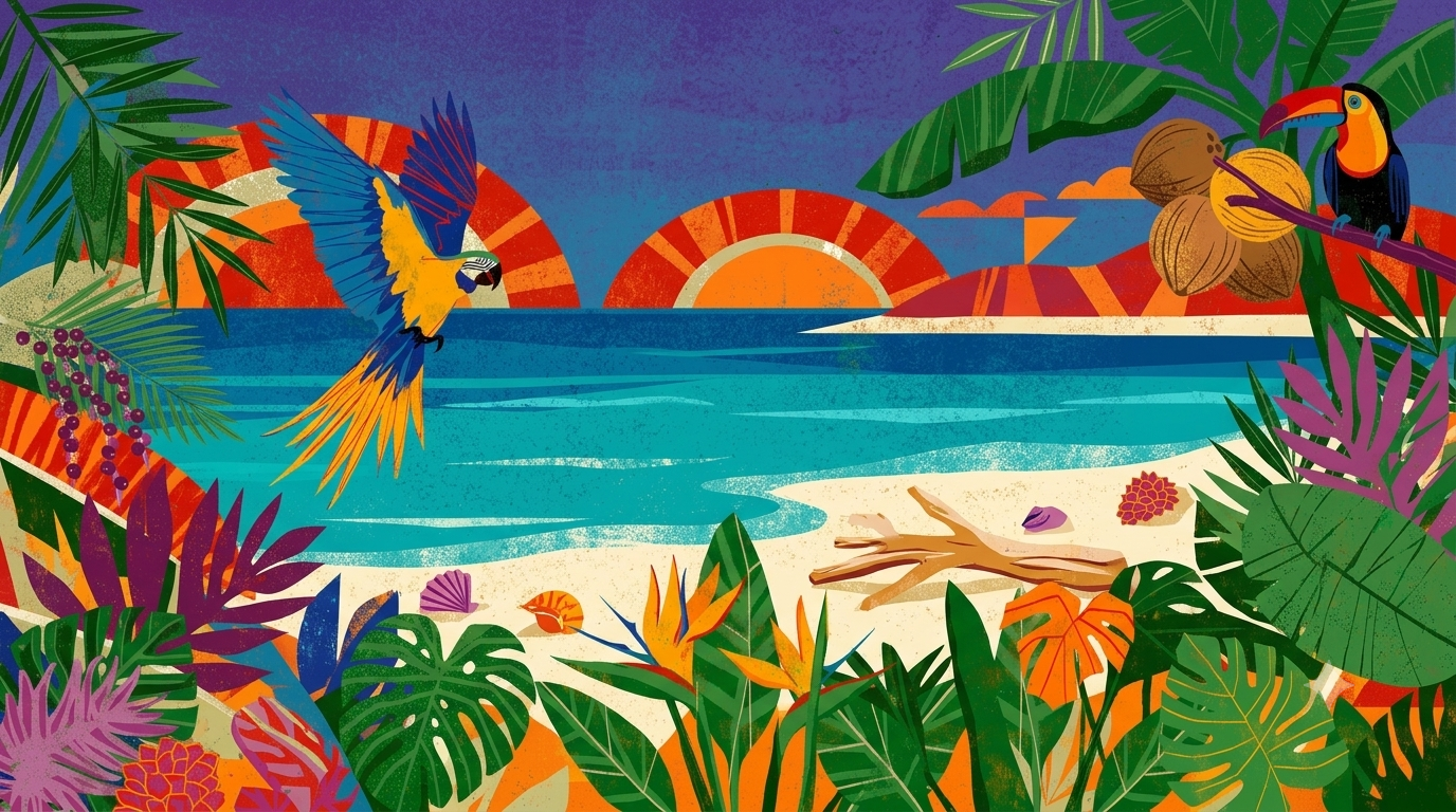 A collaged tropical shoreline with a macaw, a toucan, palm leaves and a low sun over the sea.