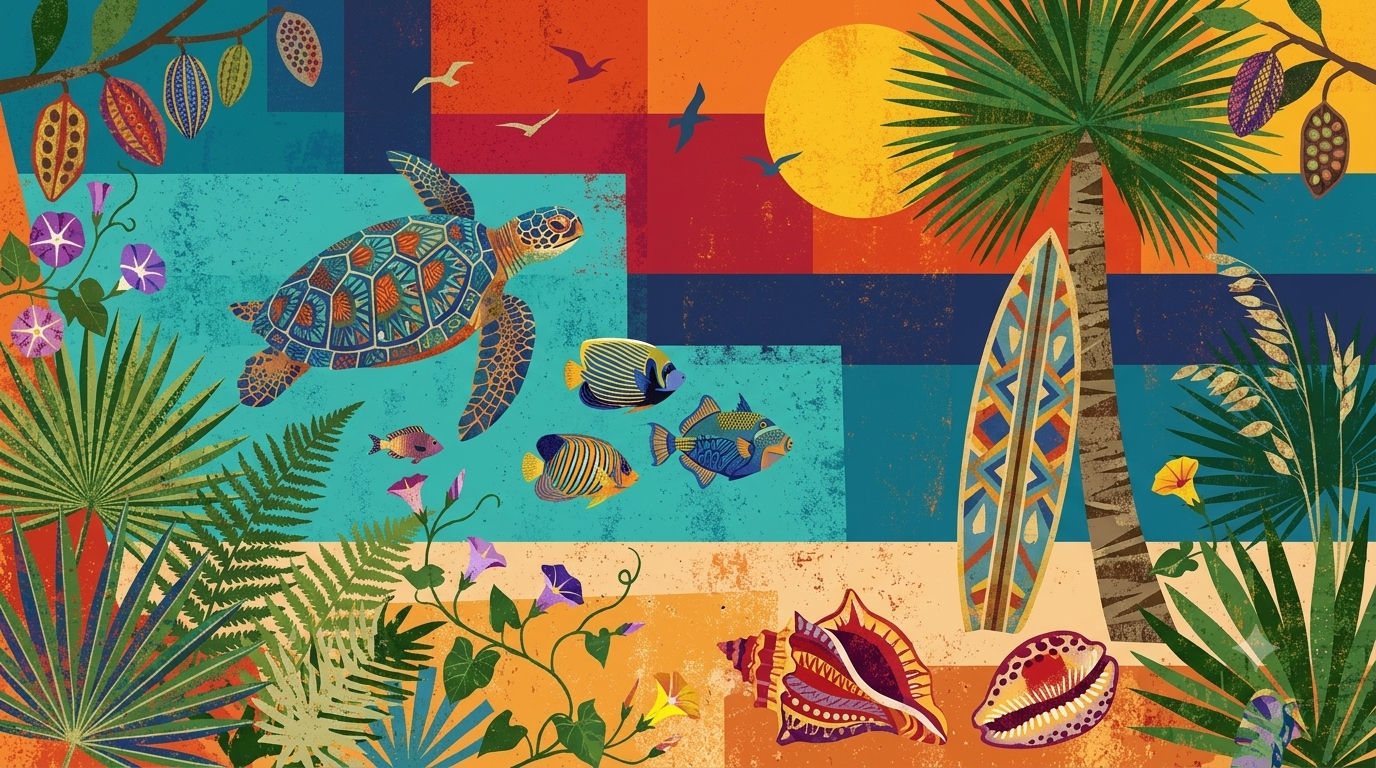 A collaged reef scene with a patterned sea turtle, tropical fish, a palm and a surfboard.