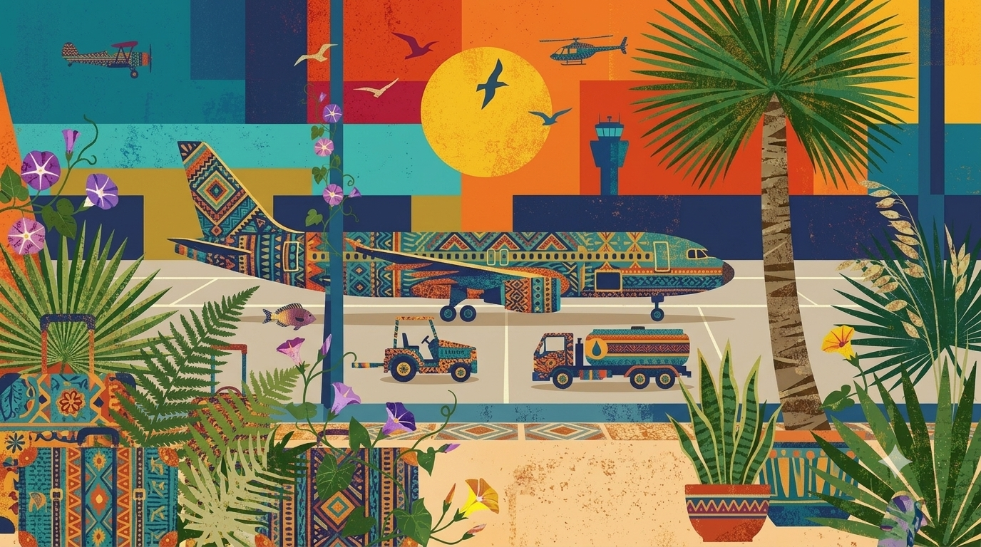 A folk-patterned airliner on the tarmac beneath a large sun, framed by palms and ferns.
