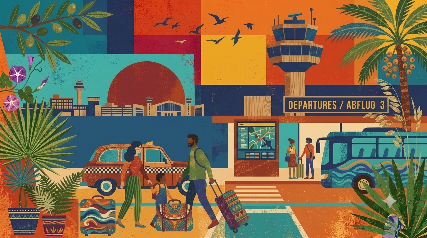 A collaged departures scene with a family, a taxi, a bus and a control tower.
