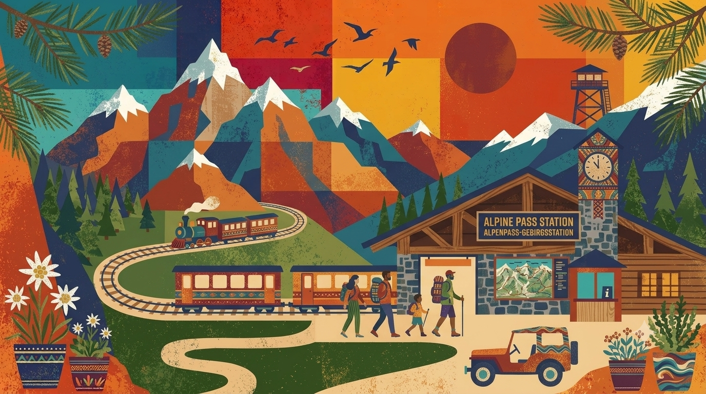 A collaged mountain railway station: hikers walking to a steam train below snow-capped peaks and pine trees.