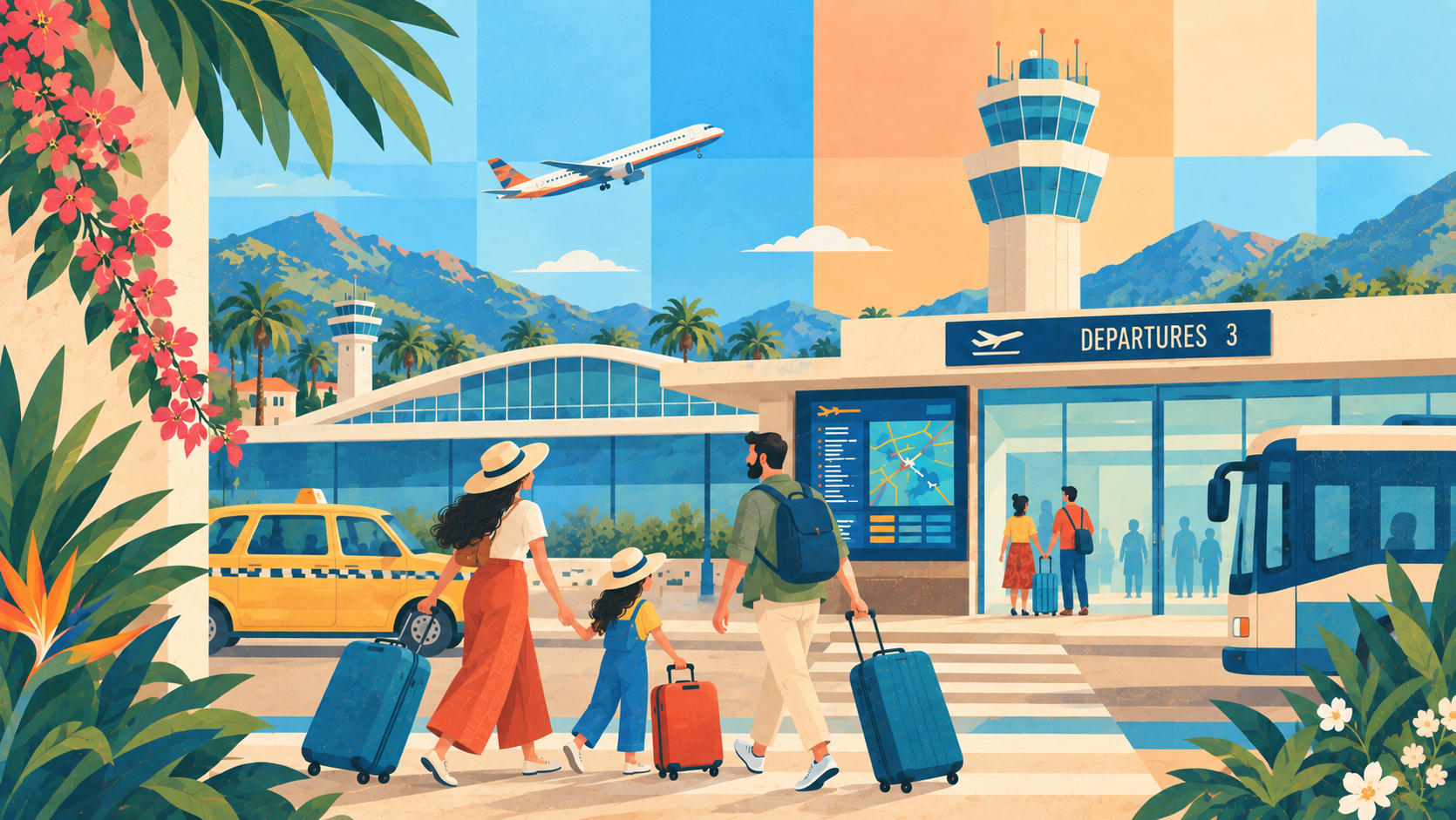 A family pulling suitcases toward an airport departures terminal beneath a plane taking off.