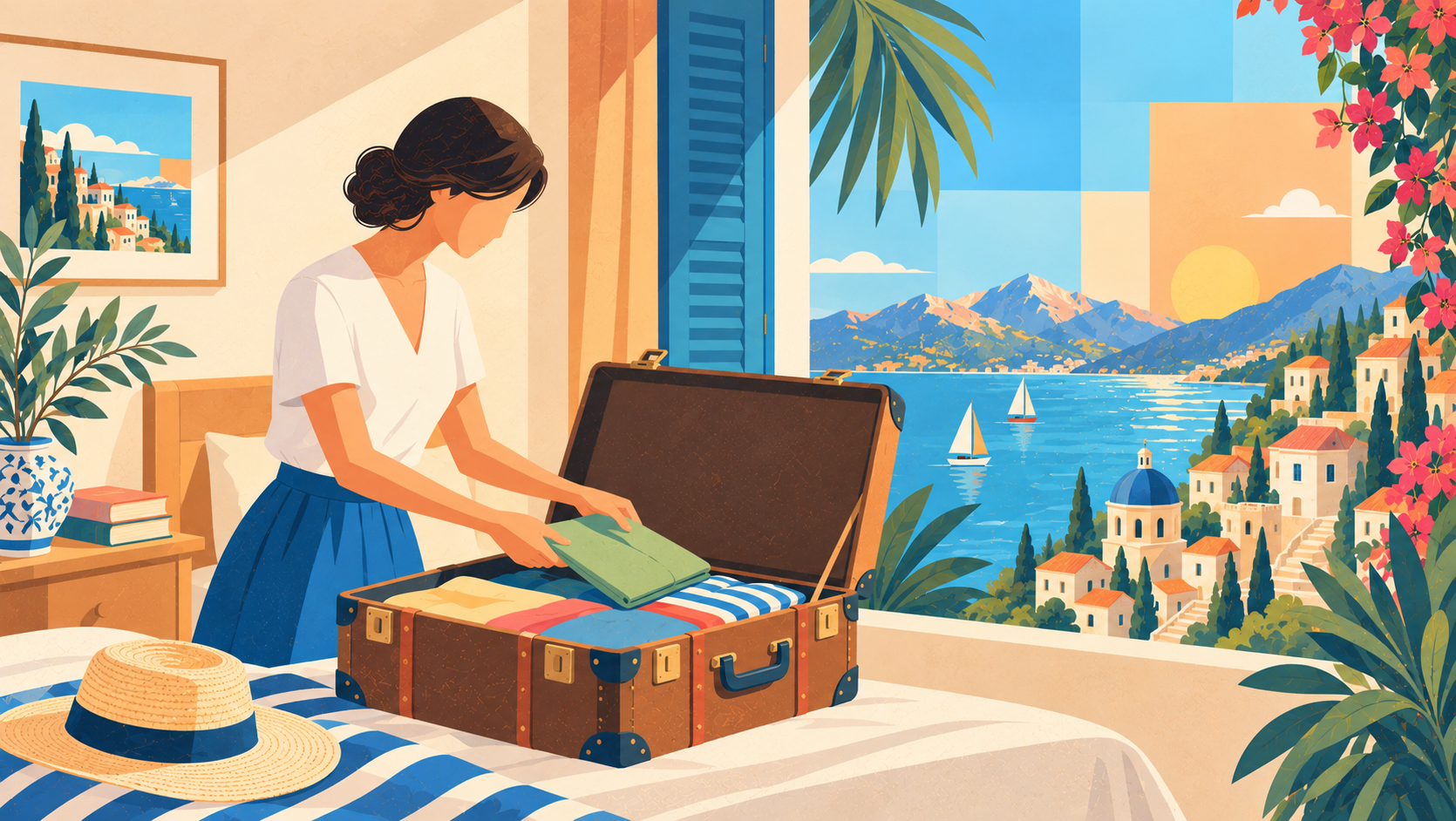 A traveller packing a suitcase beside a window overlooking a sunny coastal town.