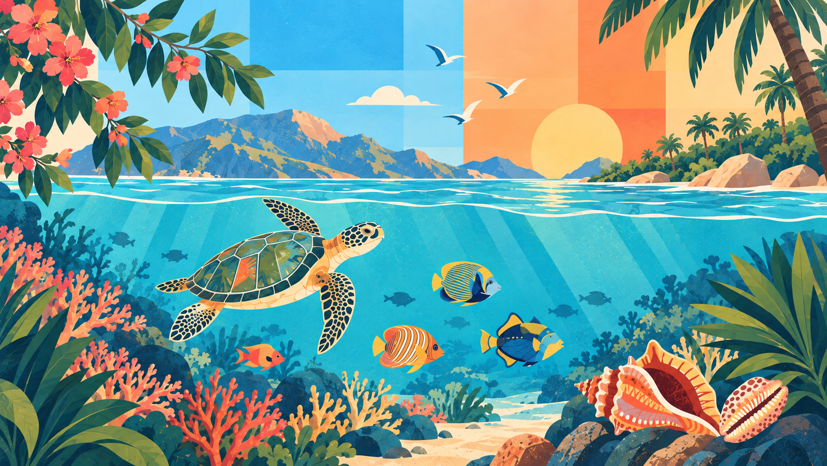 A sea turtle and tropical fish swim above a colorful coral reef at sunset.