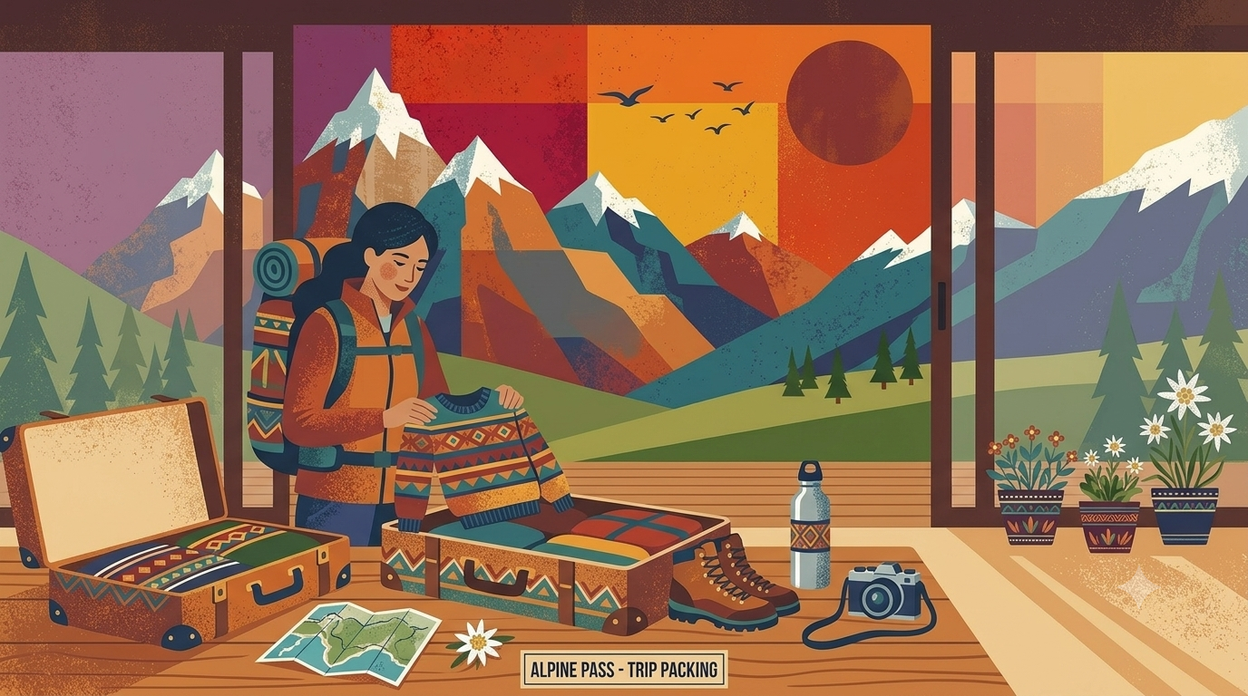 A hiker folding a patterned sweater into a suitcase, snowy peaks through the window.