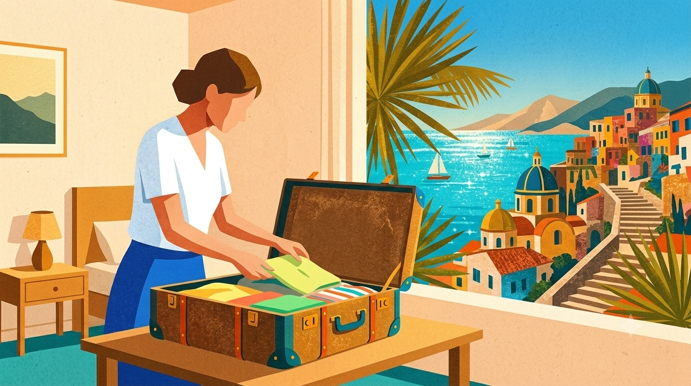 A traveller packing a suitcase in a sunlit room, a coastal town and sailboats through the window.