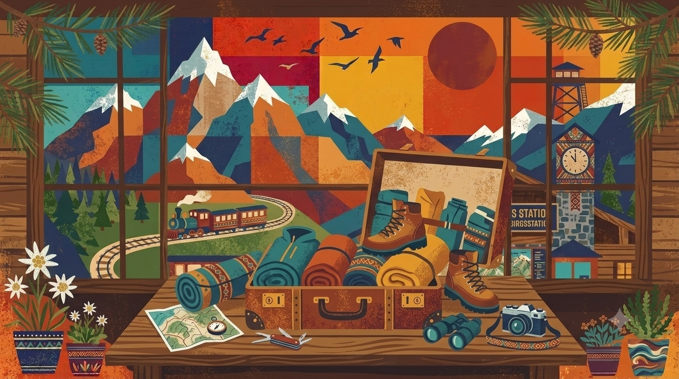 Alpine walking gear laid out on a table beside an open case, mountains through the window.
