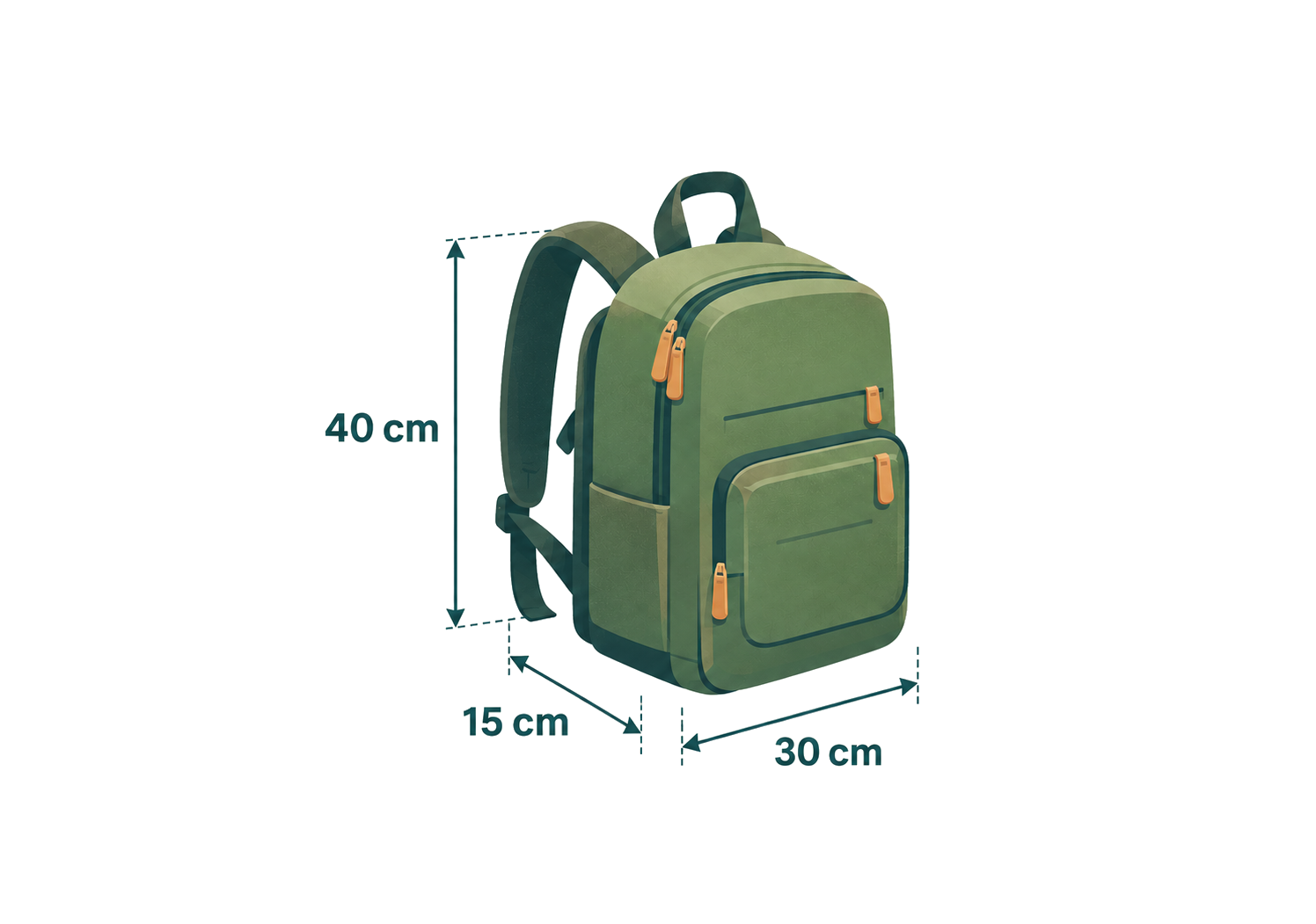 Green backpack with guides showing 40 cm height, 30 cm width and 15 cm depth.