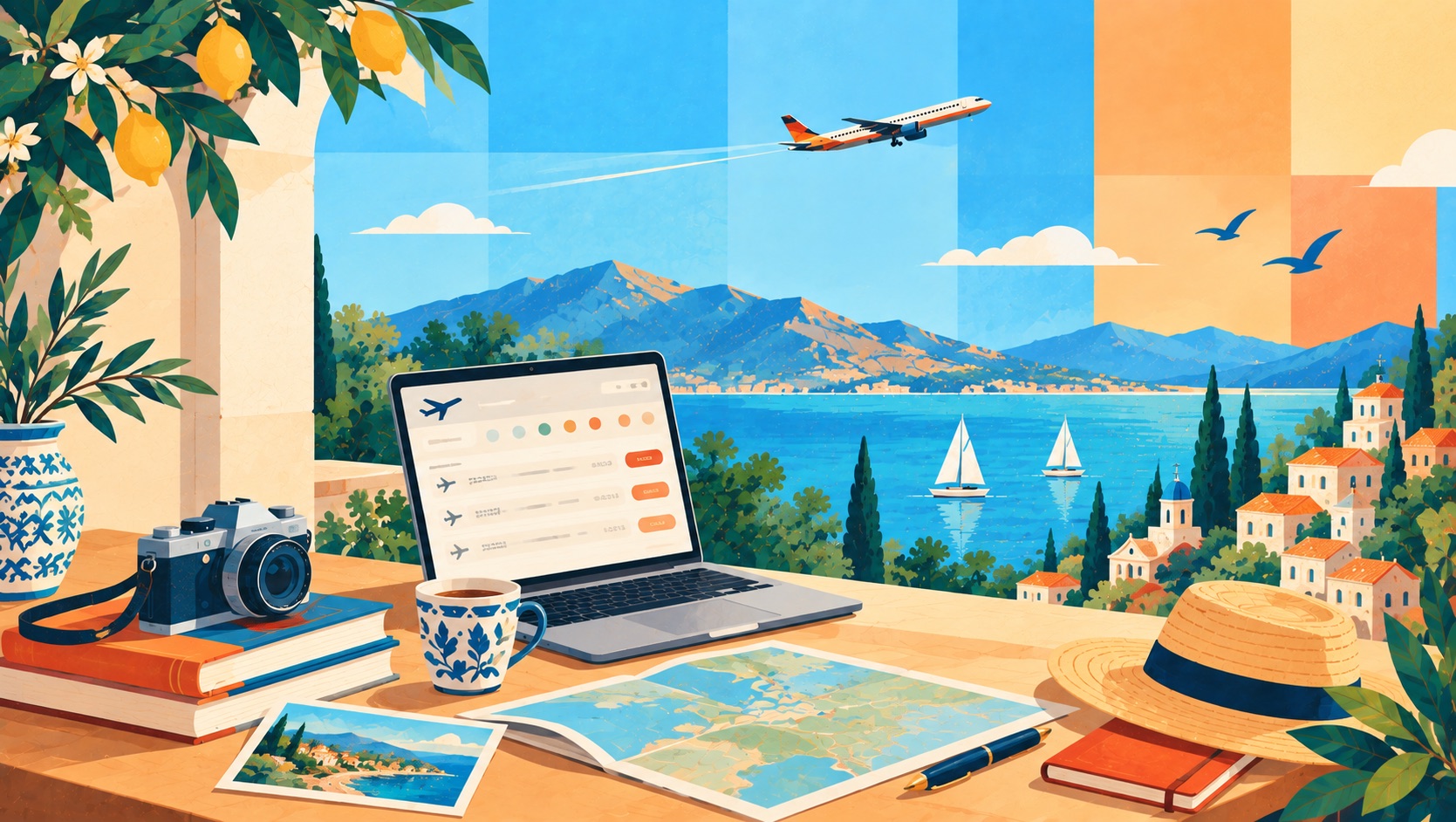 A laptop showing flight options on a travel desk overlooking a sunny coastal town.