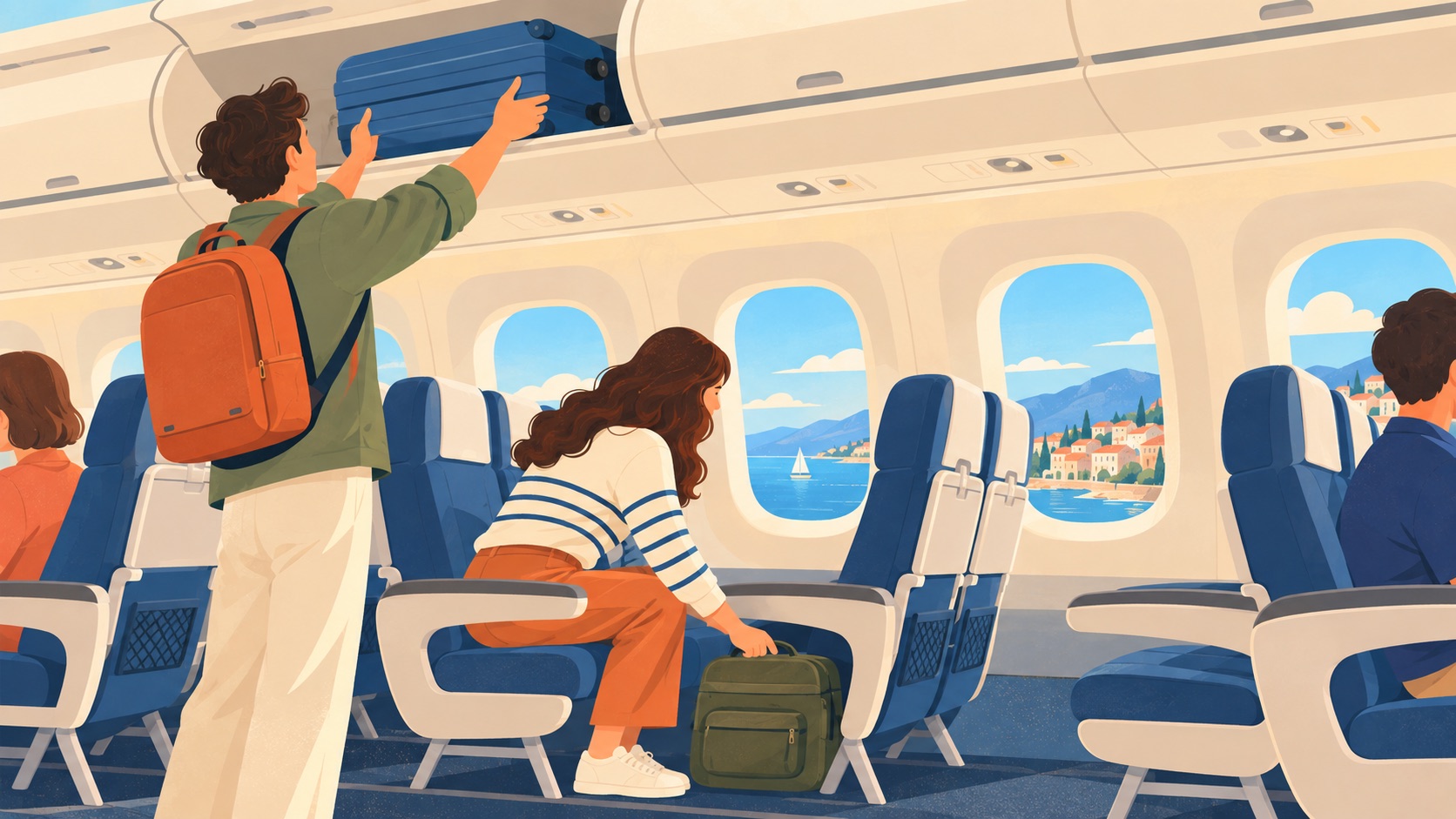 A traveller lifting a blue cabin case into an aircraft overhead locker while another passenger puts a small green bag under the seat.