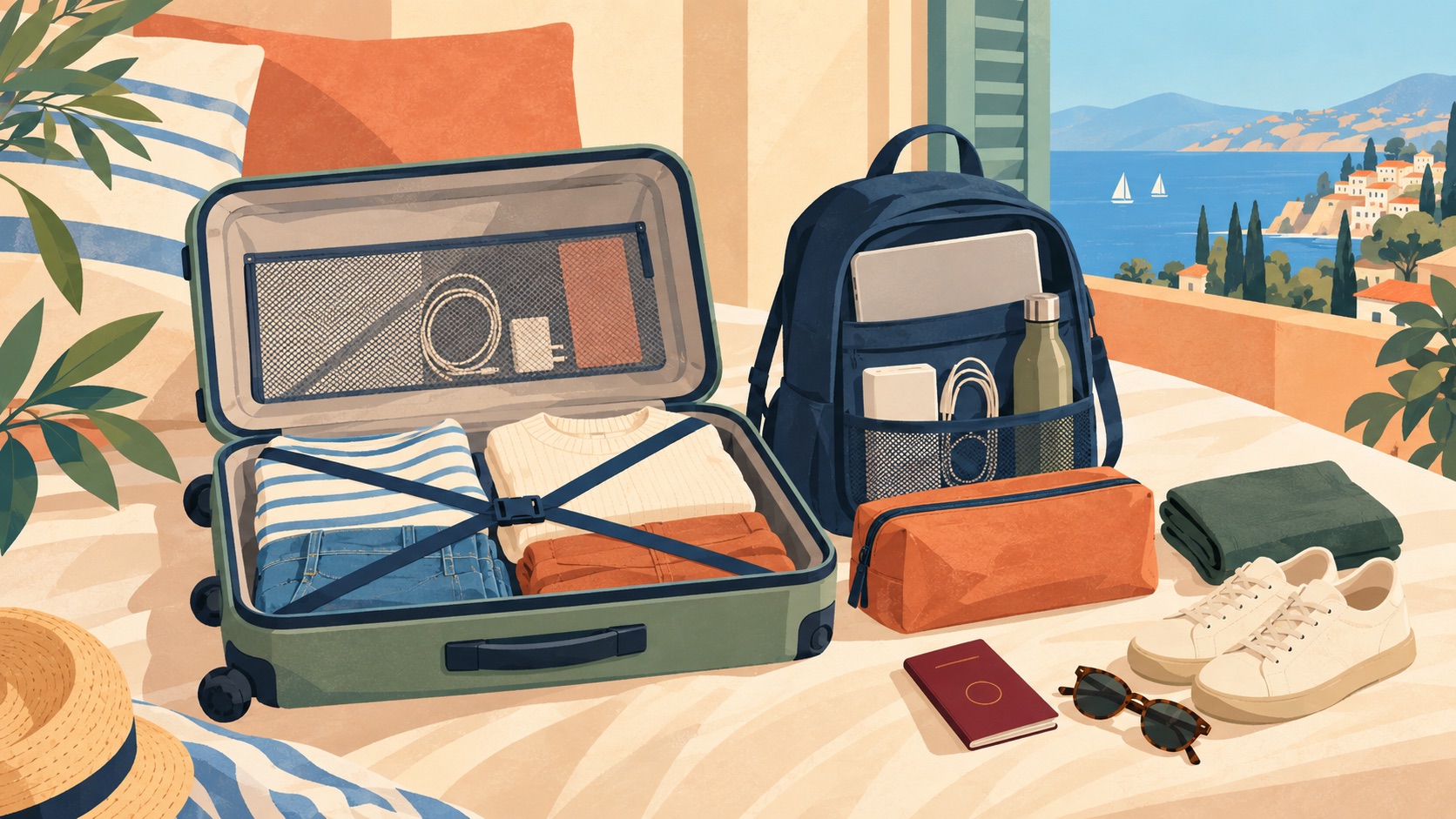 An open suitcase and a packed backpack on a sunny terrace, with folded clothes, shoes and travel essentials laid out to check before departure.