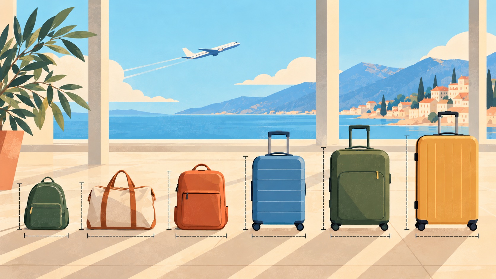 Illustrated under-seat bags and cabin suitcases lined up beneath measuring guides, with a plane departing above a coastal airport.