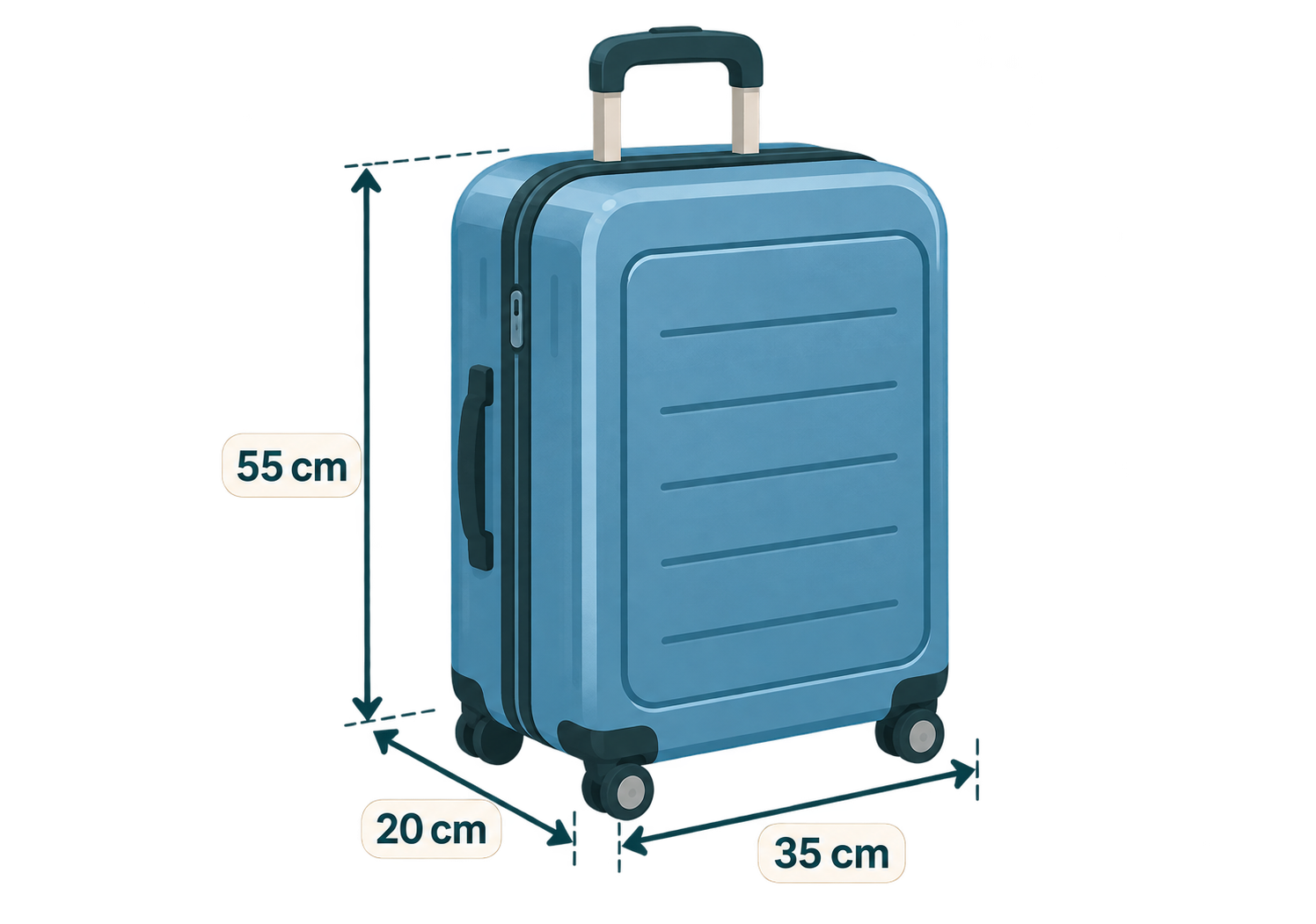 Blue carry-on suitcase with guides showing 55 cm height, 35 cm width and 20 cm depth.