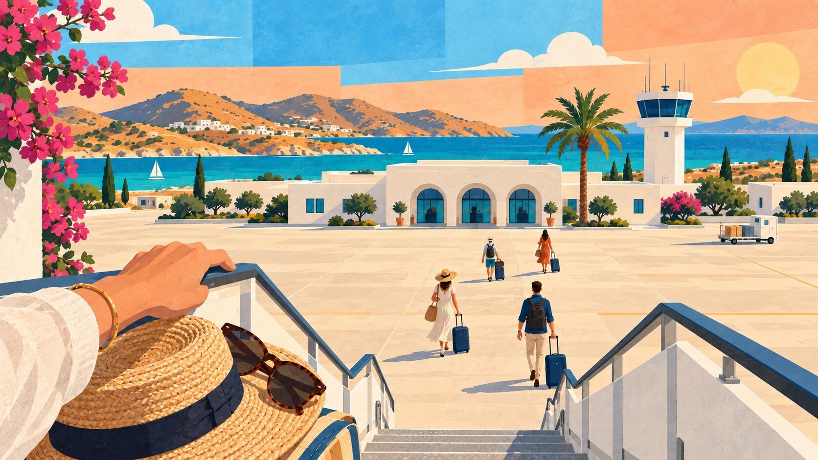 From the top of the aircraft steps, a hand on the rail beside a straw hat and sunglasses, as travellers with cabin bags walk across the sunny apron to a small white island terminal by the sea.