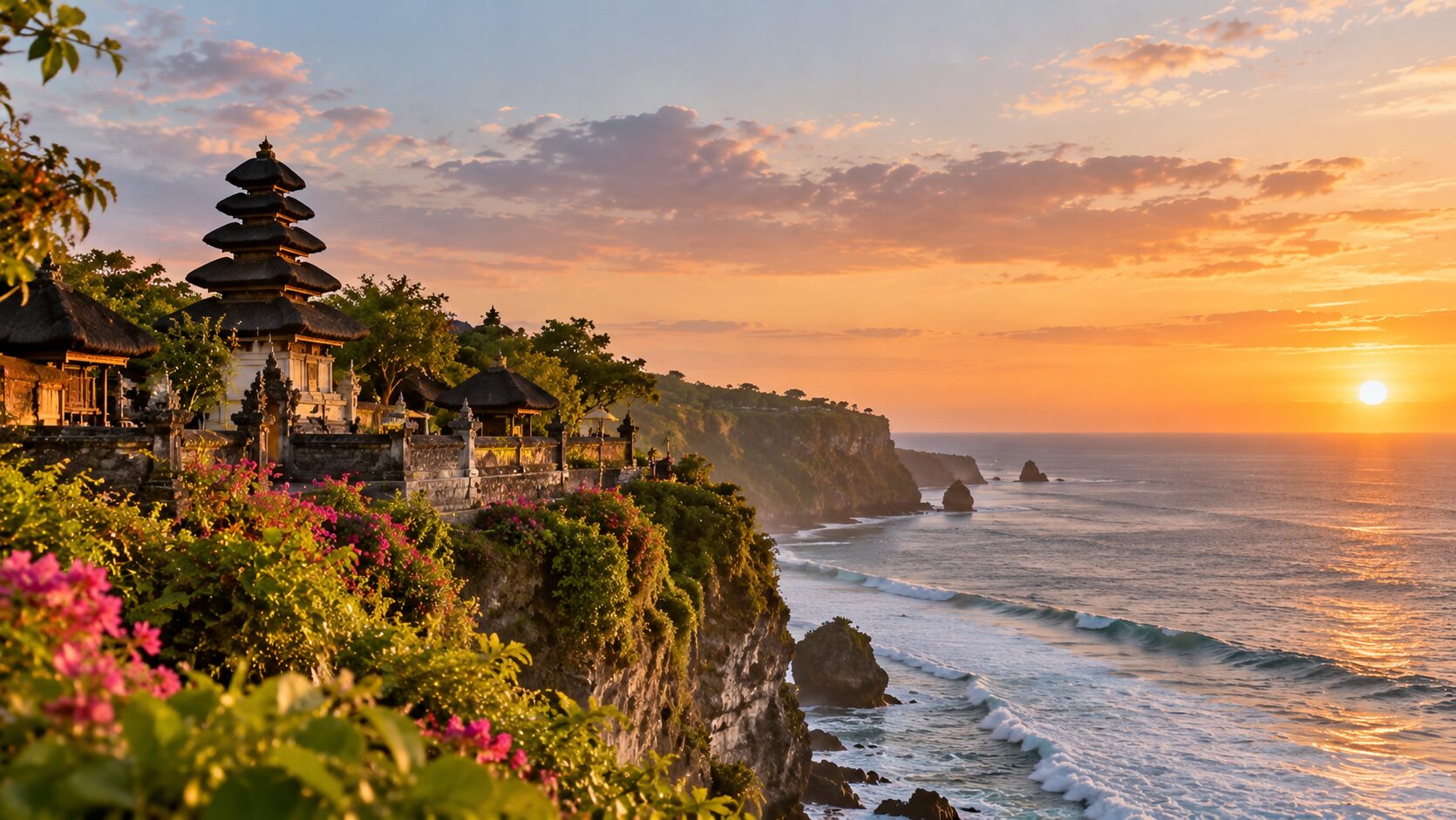 A Balinese clifftop temple with tiered roofs above the Indian Ocean at sunset, with flowers in the foreground.