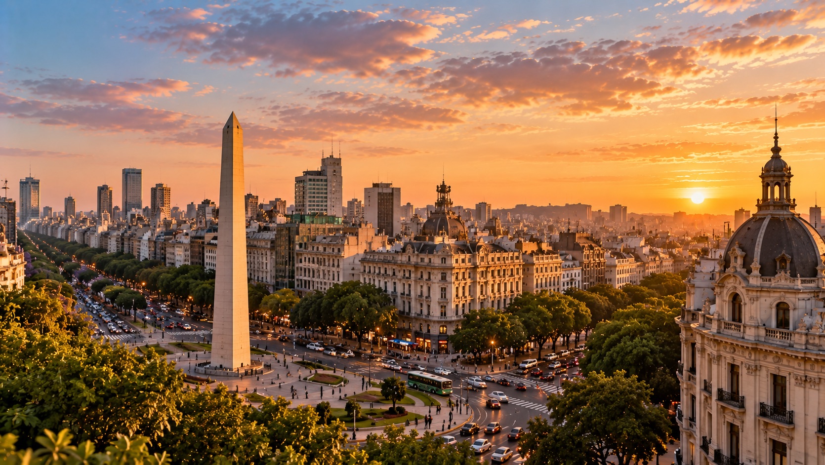 The Obelisco on Avenida 9 de Julio in Buenos Aires at sunset, among grand old buildings and trees.