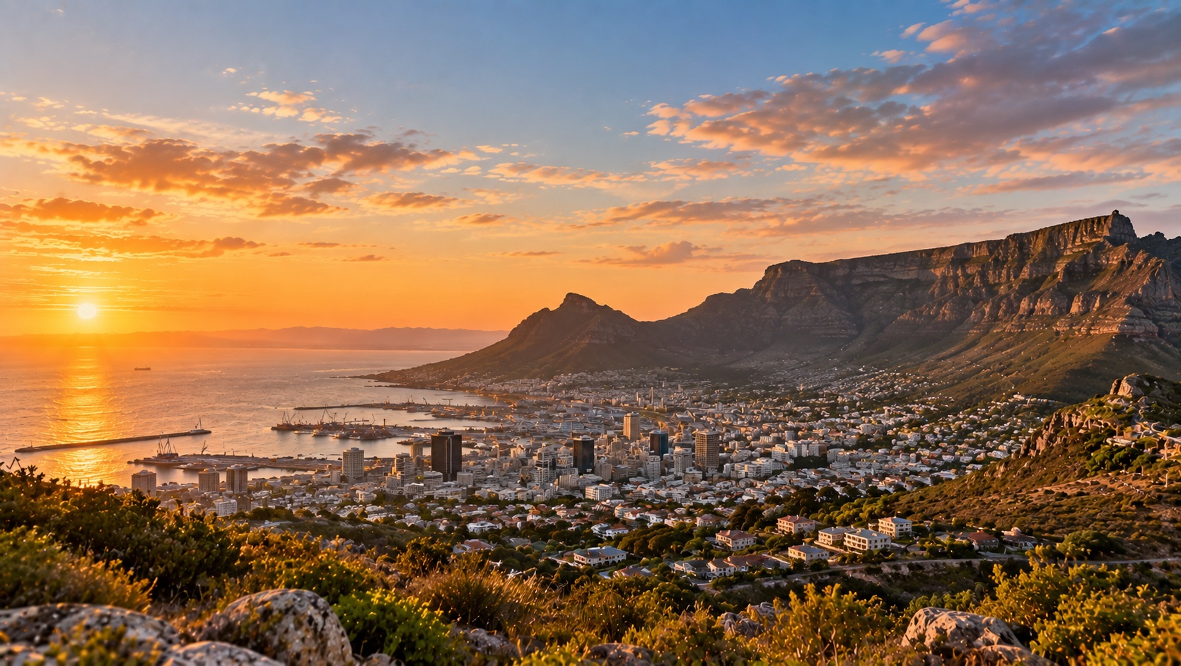 Cape Town at sunset: Table Mountain above the city and the harbour, seen from the slopes of Signal Hill.