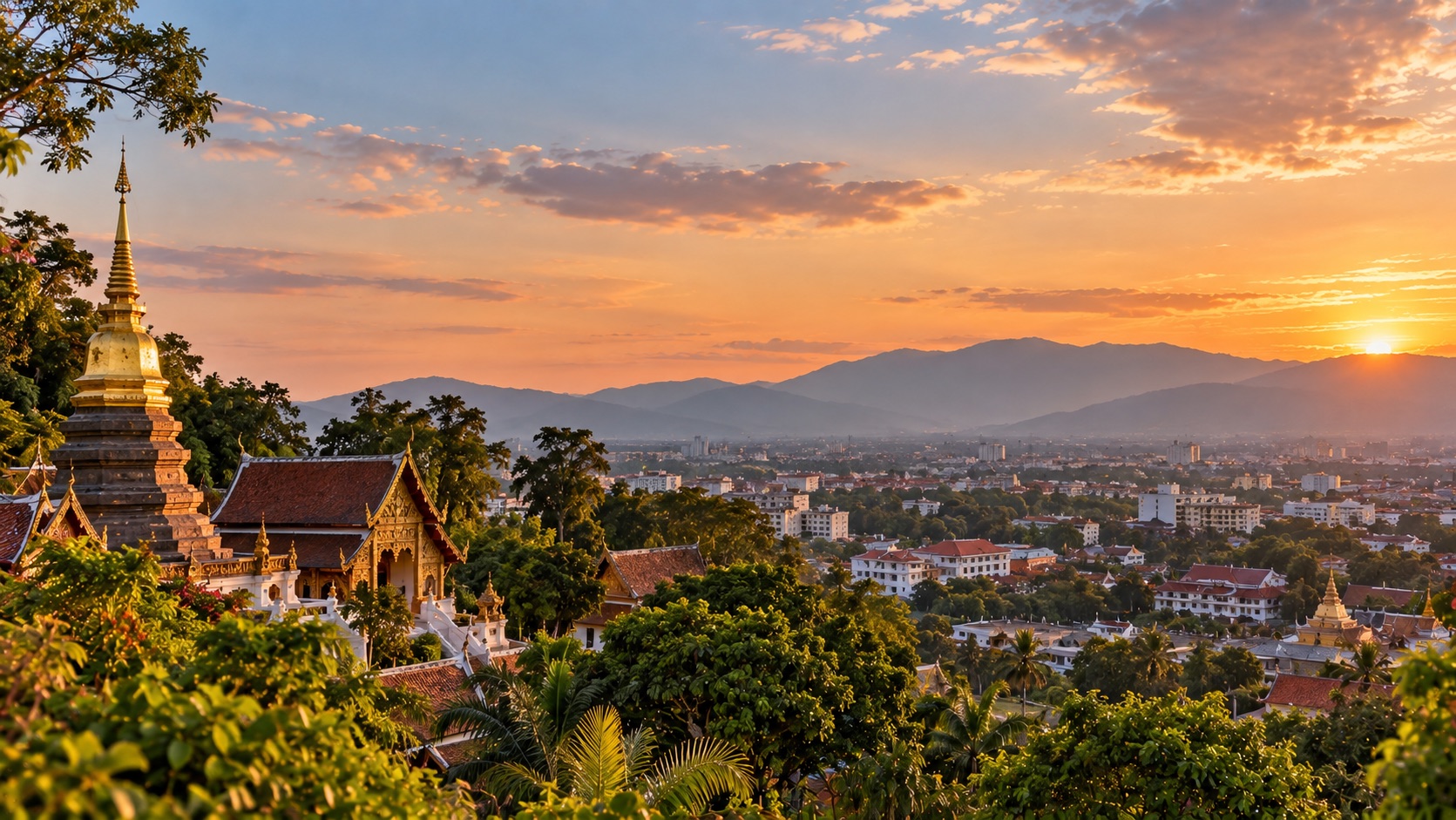 A golden temple spire above Chiang Mai at sunset, with the city and hills beyond.