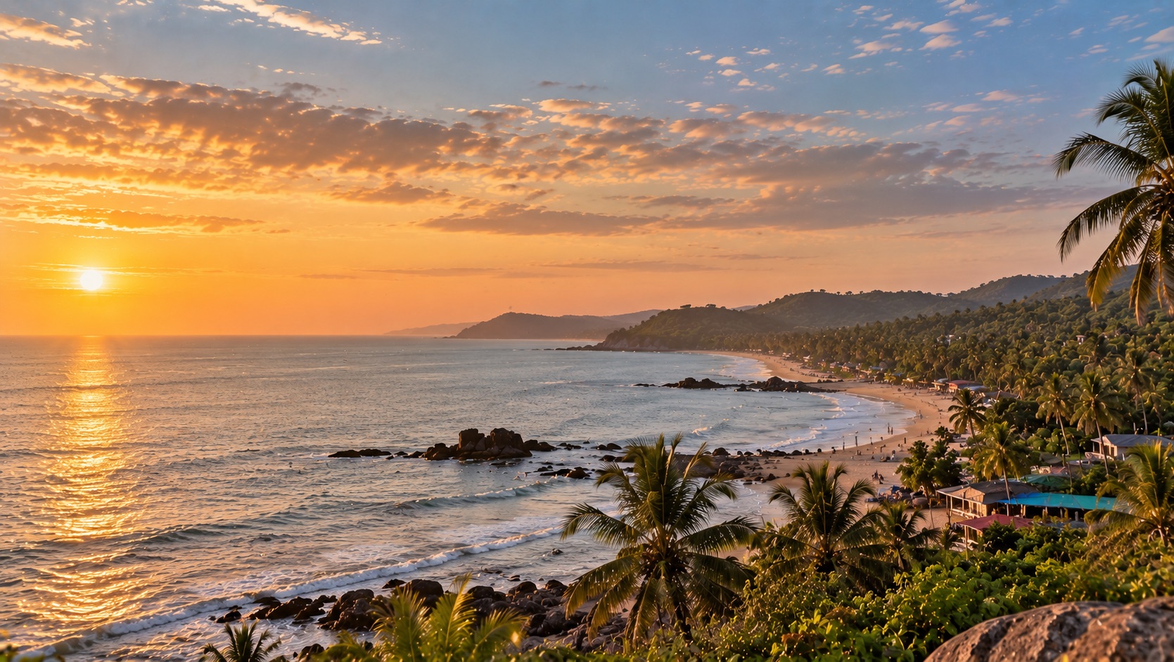 A palm-fringed beach cove in Goa at sunset, with waves breaking on dark rocks.