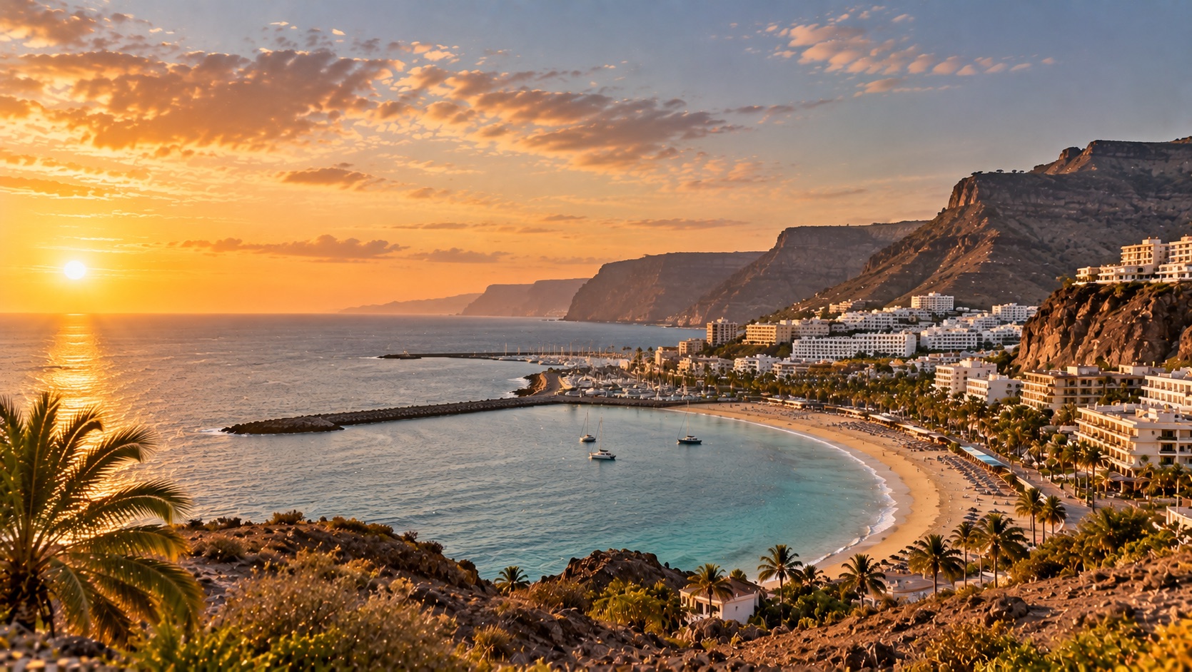 A sheltered beach bay on Gran Canaria’s south coast at sunset, with white apartments climbing the cliffs and boats in the harbour.