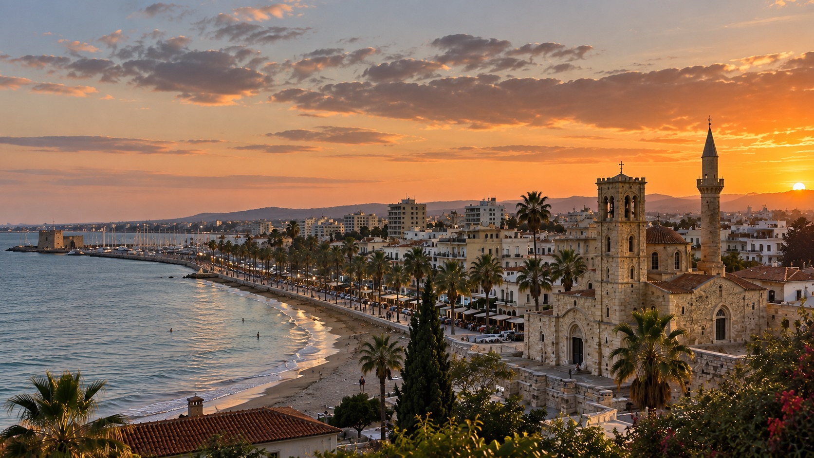 The palm-lined seafront at Larnaca, Cyprus, at sunset, with a church bell tower above the promenade.