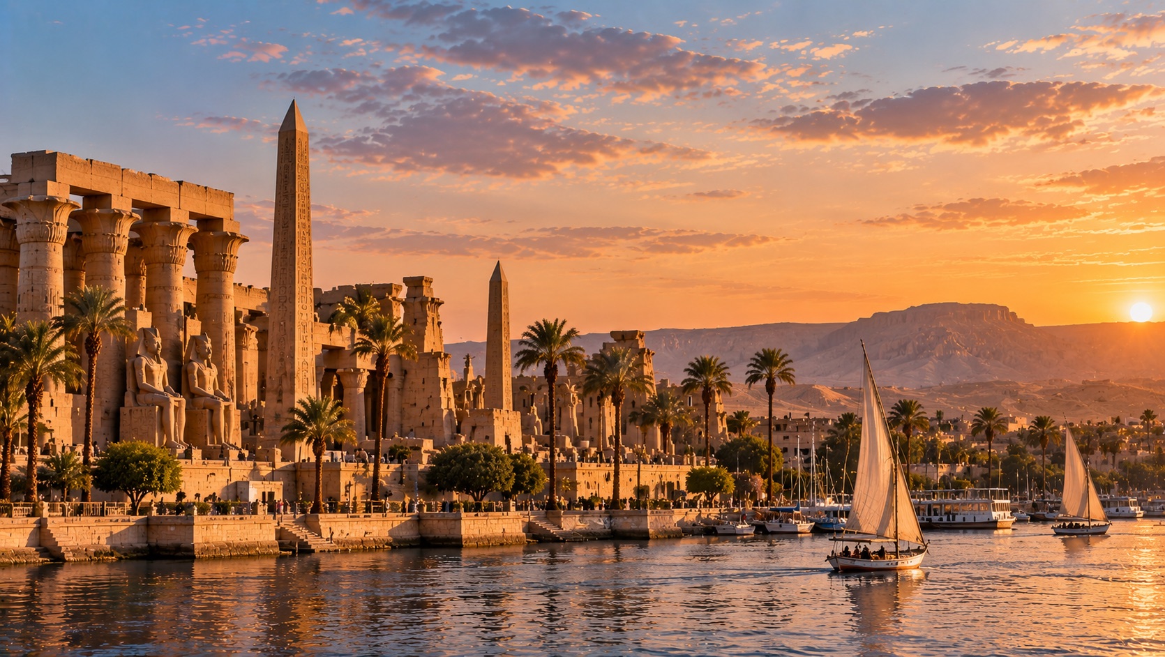 Luxor Temple and its obelisk beside the Nile at sunset, with white-sailed feluccas on the river.