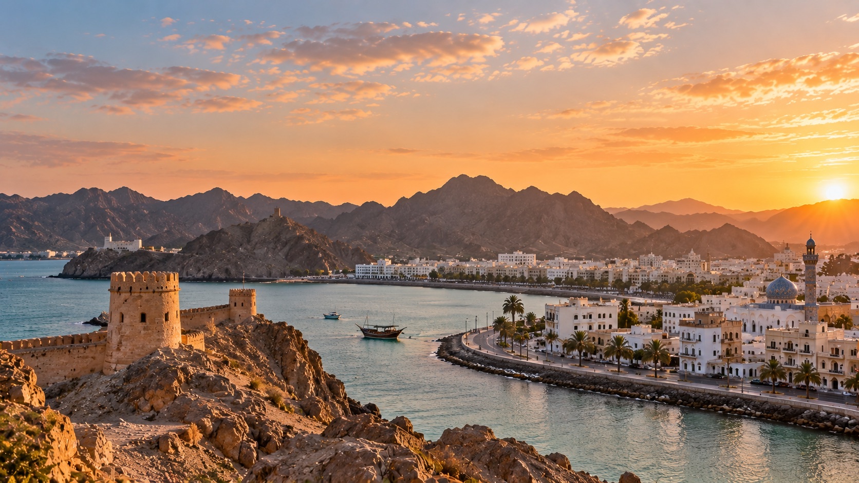 Muscat’s harbour at sunset: a stone fort on the rocks, the whitewashed corniche and the Hajar Mountains behind.