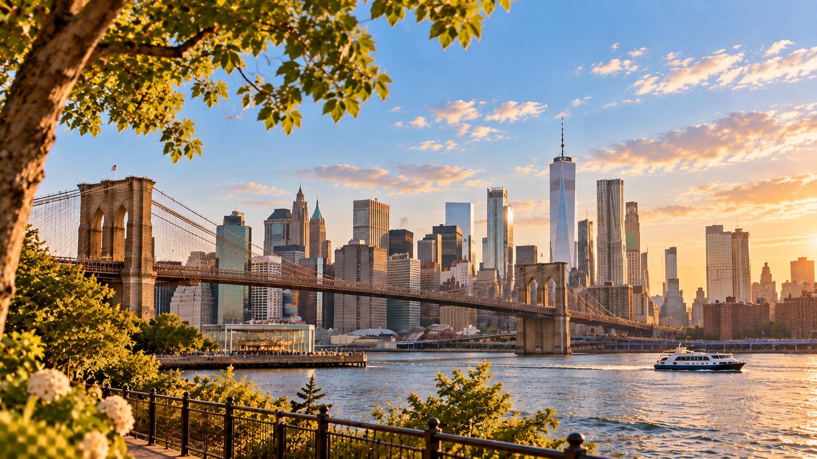 Lower Manhattan’s skyline and the Brooklyn Bridge at sunset, seen across the East River.