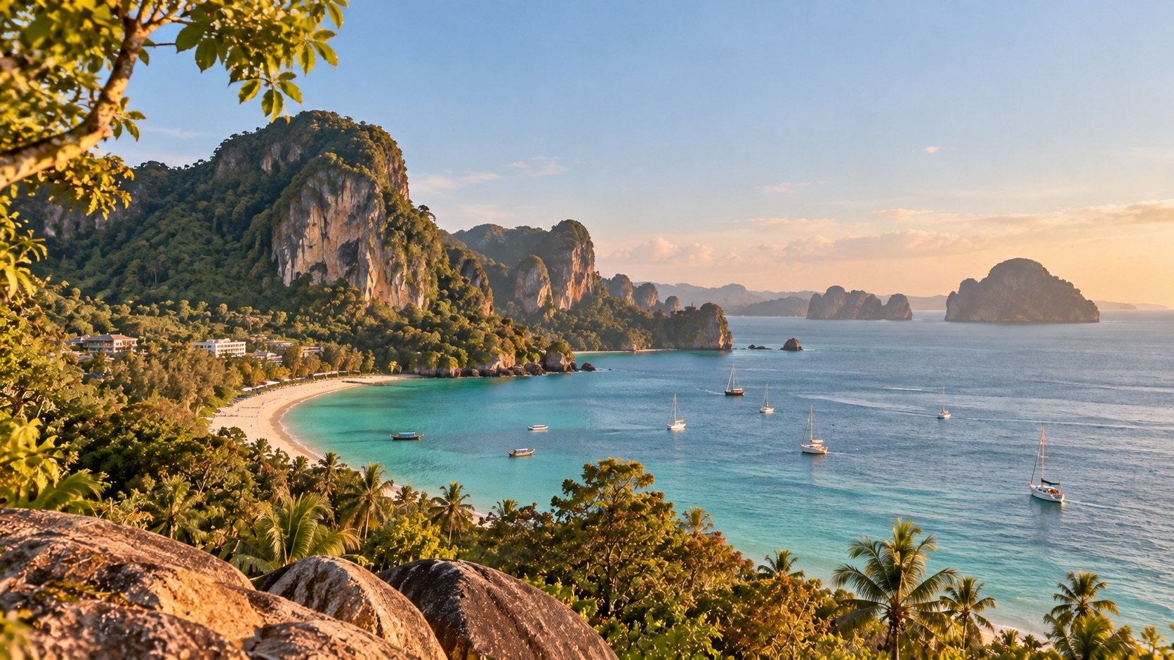 A white-sand bay below limestone cliffs on Thailand’s Andaman coast, with boats anchored in turquoise water.