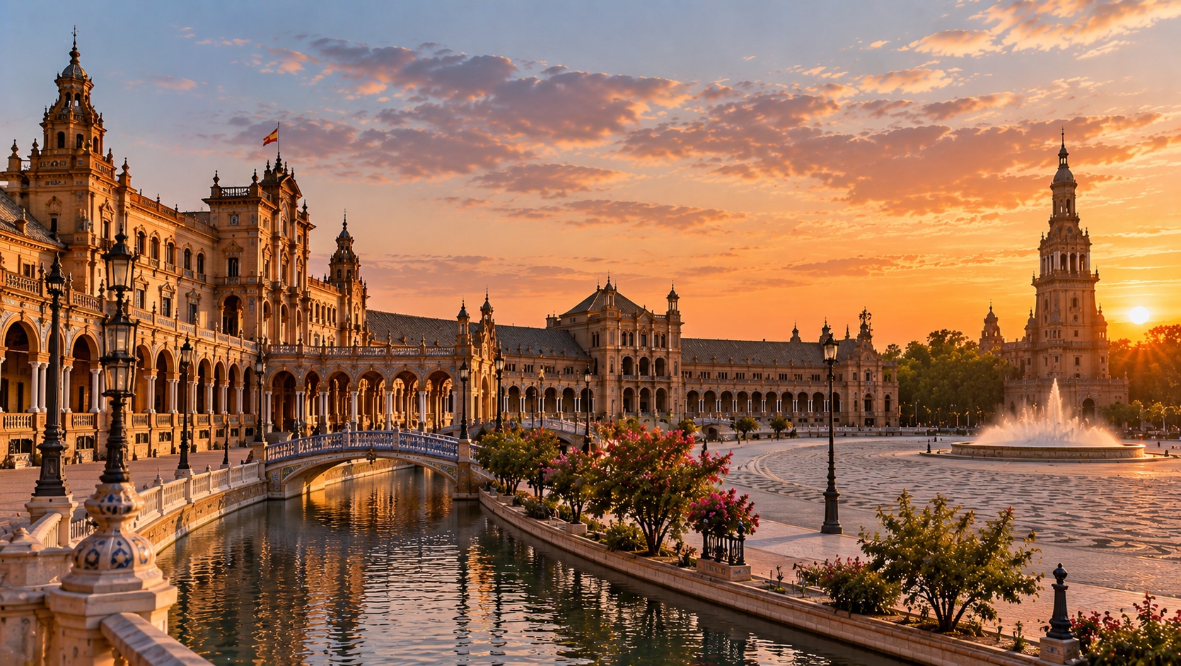 The Plaza de España in Seville at sunset, with its tiled bridges, canal and fountain.