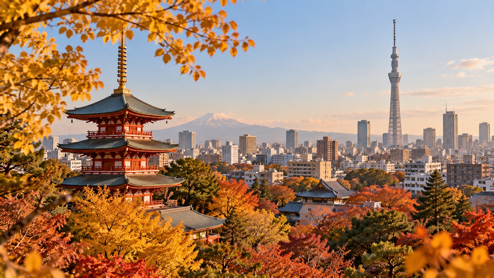 Tokyo in autumn: a pagoda among yellow and red trees, with the Skytree and Mount Fuji beyond the city.