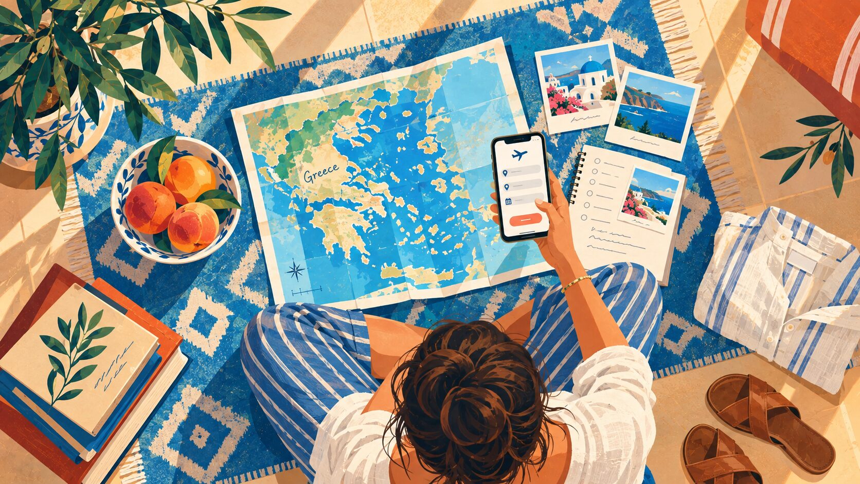 A traveller on a blue rug planning a trip with a map of Greece and a phone, beside peaches, postcards of the islands and sandals.
