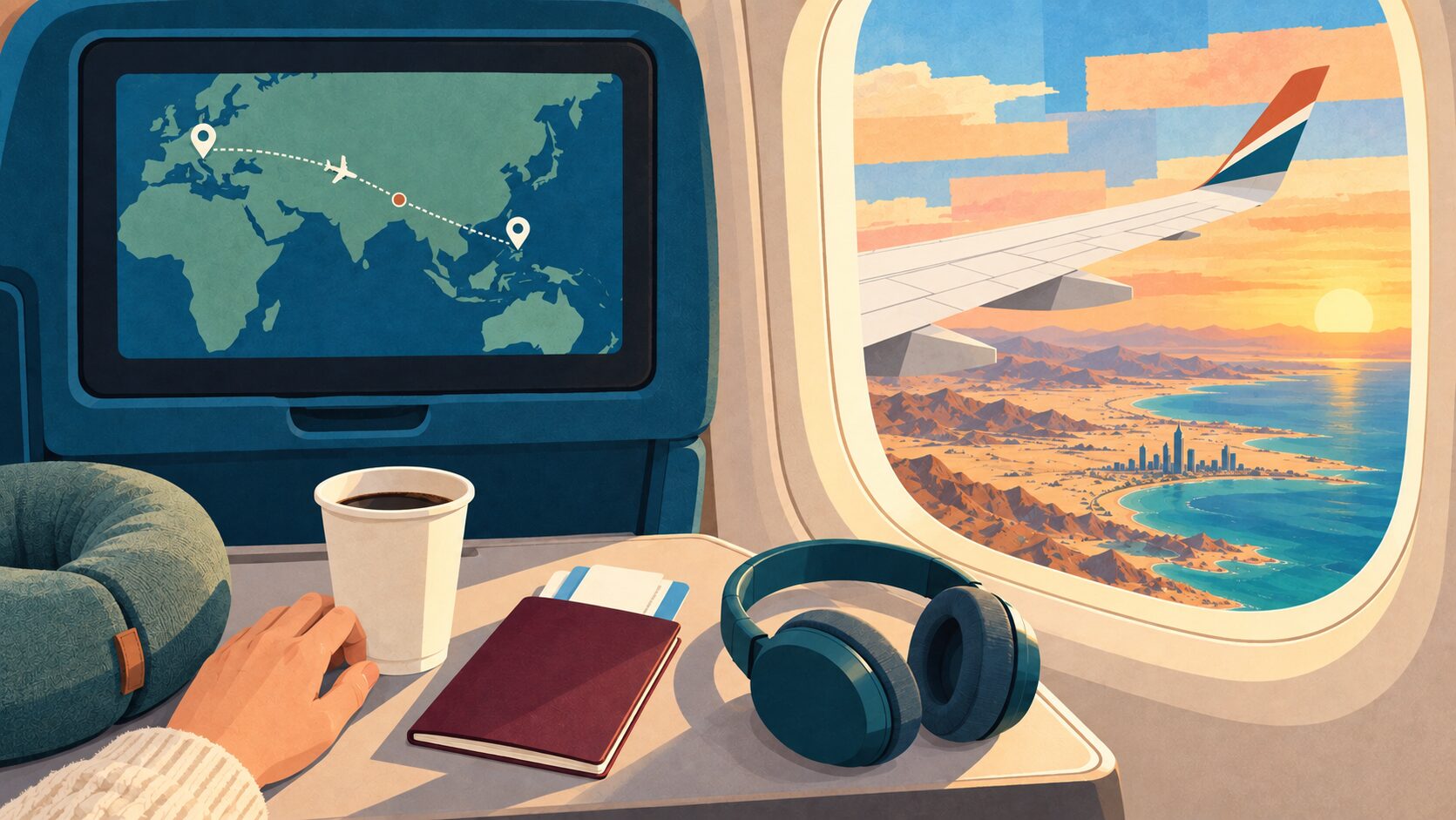 A window seat at sunrise on a long-haul flight: the wing over desert and a coastal city, a route map to Asia on the seat screen, and coffee, a passport and headphones on the tray.