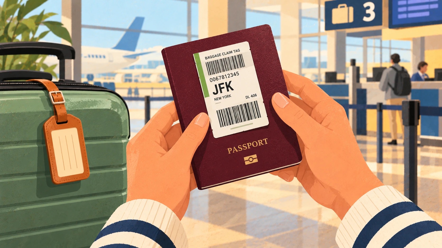 Hands holding a passport with a baggage claim tag stuck to its cover, showing the tag number, JFK New York and the flight number, beside the green suitcase at check-in.