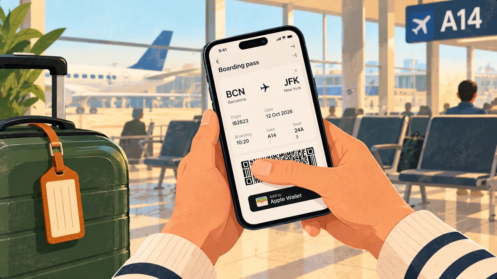 A phone at the gate showing a mobile boarding pass from Barcelona to New York, a thumb over the barcode.