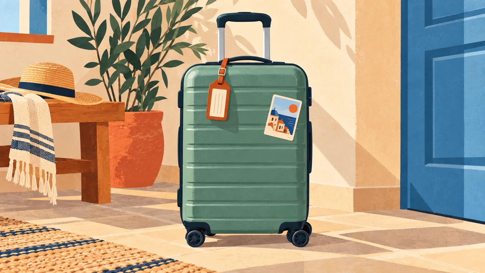A green hard-shell suitcase standing by the front door, with its wheels, handle, leather luggage tag and a postcard sticker in view.