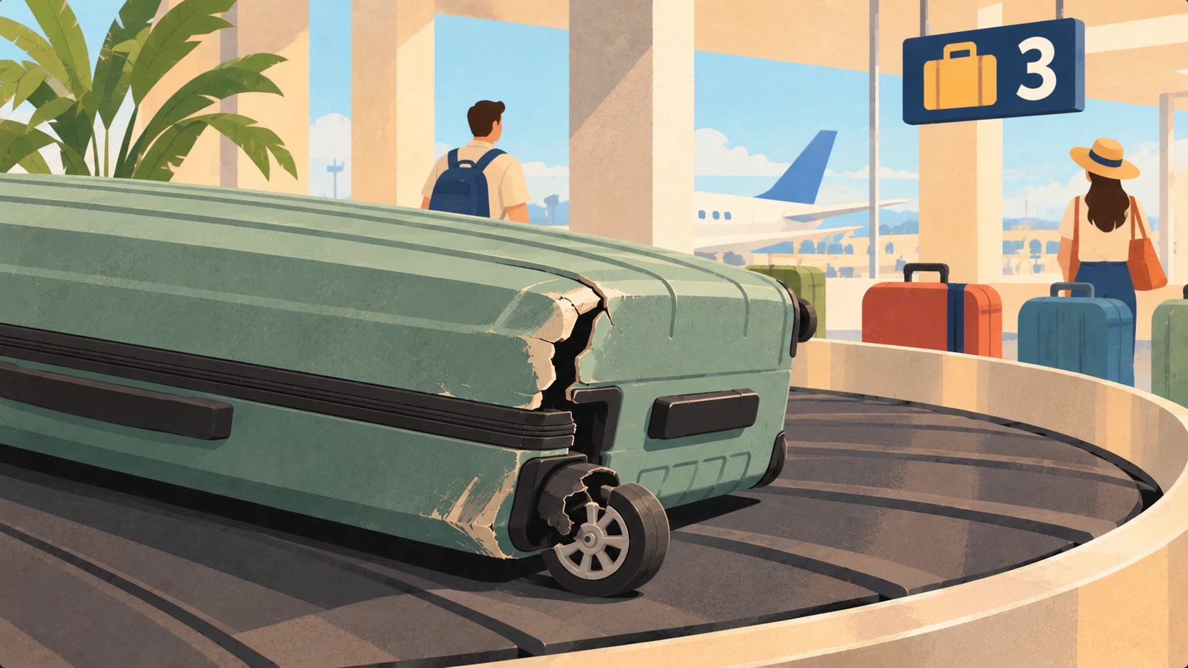 The green suitcase on the belt at baggage reclaim 3, its shell cracked at one corner and a wheel broken.