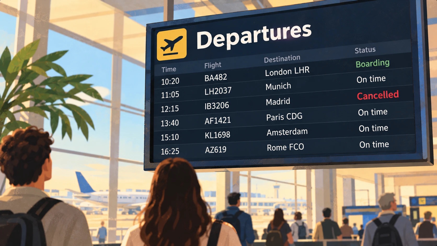 Passengers looking up at a departures board where the 12:15 flight to Madrid shows as cancelled.