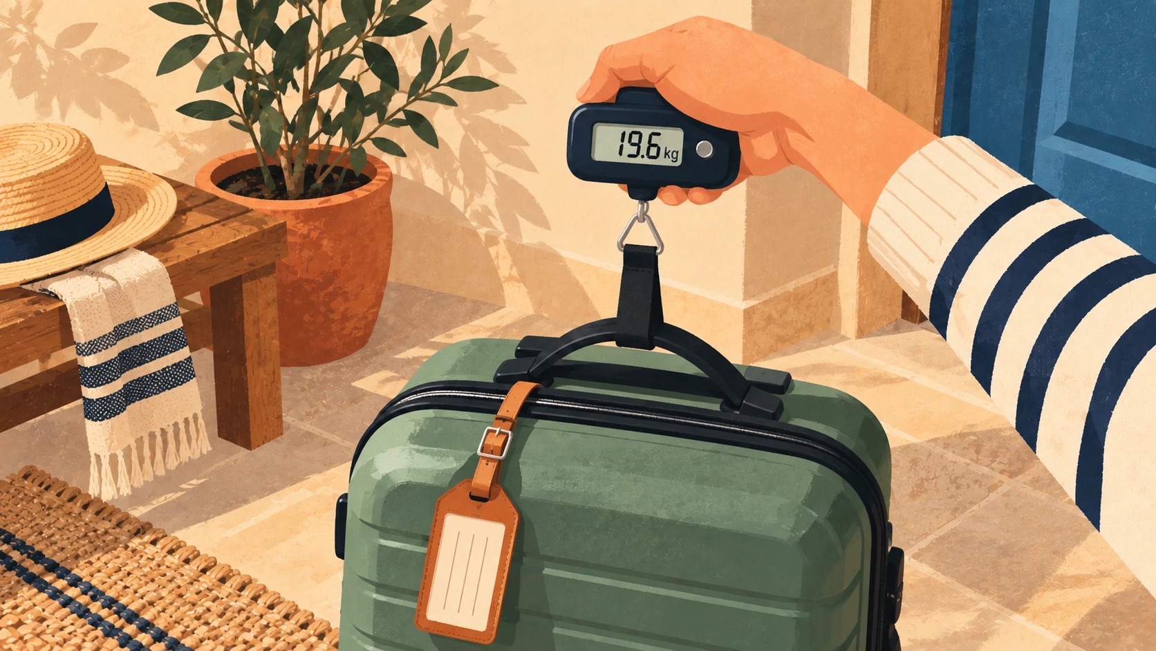 A hand lifting the green suitcase by a handheld luggage scale that reads 19.6 kg.