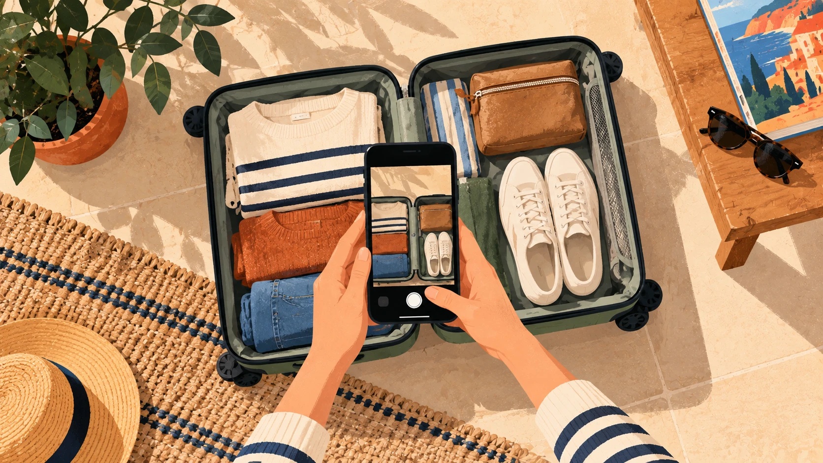 Hands holding a phone over an open, packed suitcase, photographing the folded jumpers, jeans, trainers and wash bag inside.
