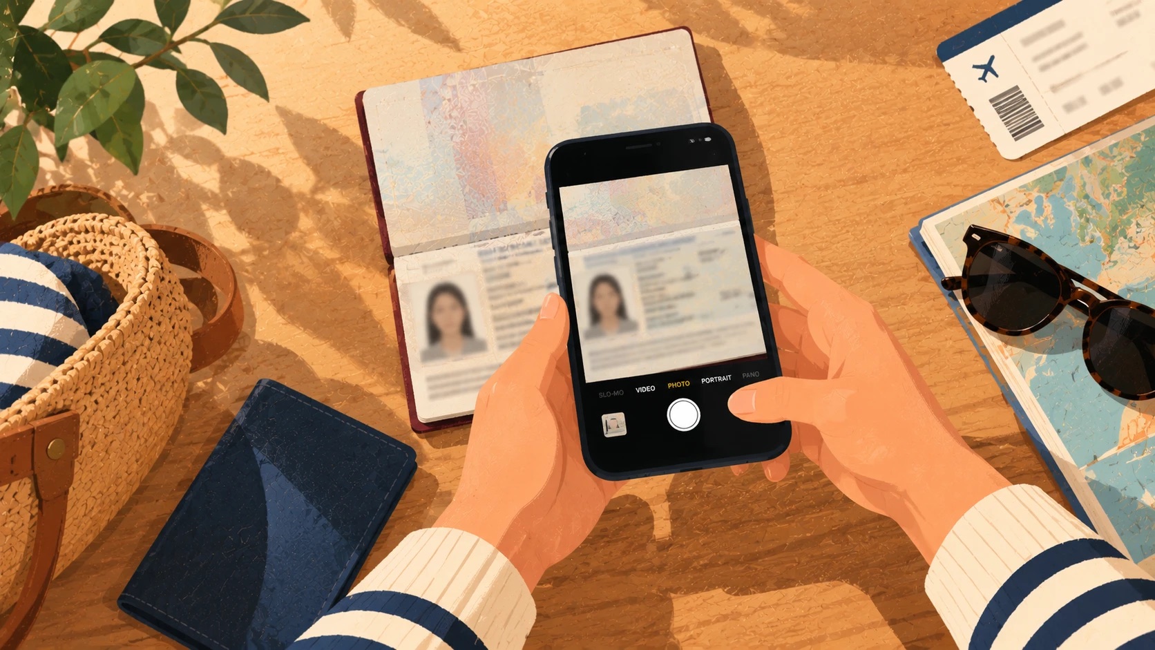 Hands photographing a passport’s photo page with a phone, the details blurred, on a table beside a boarding pass and a map.