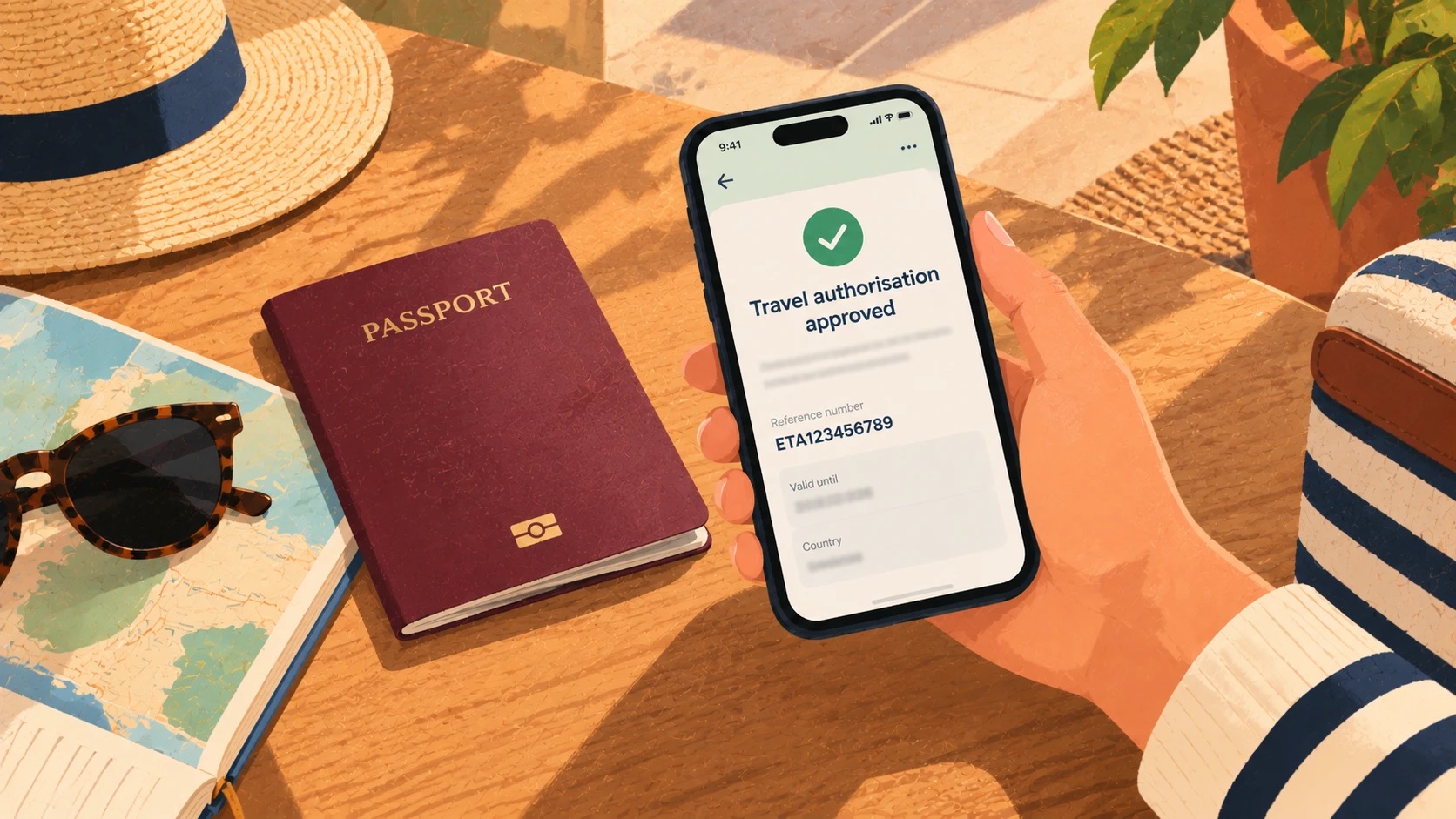 A phone showing “Travel authorisation approved” and a reference number, held beside a closed passport.