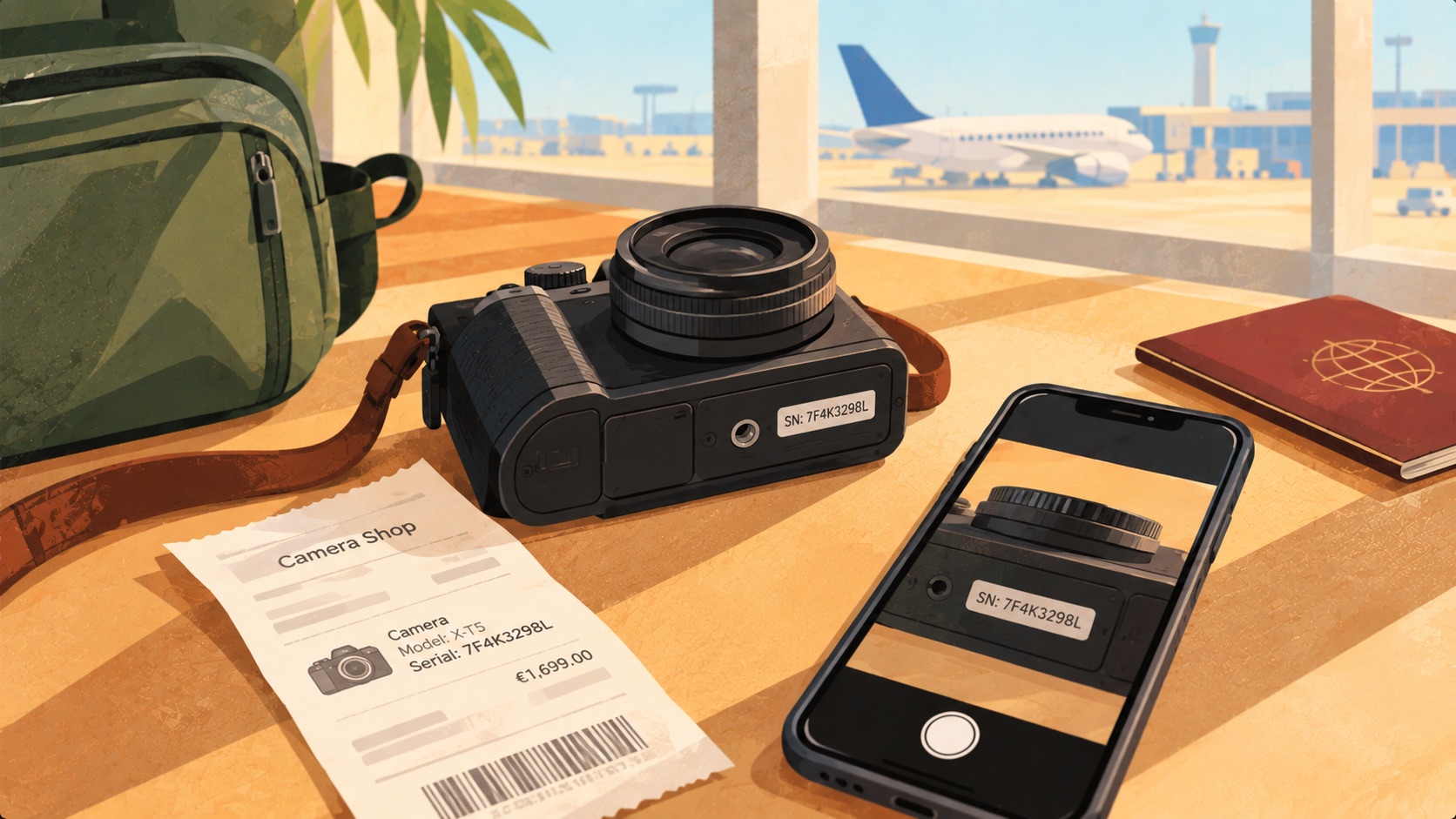 A camera turned over on a table to show its serial number, a phone photographing the label, and the shop receipt listing the model and serial number.