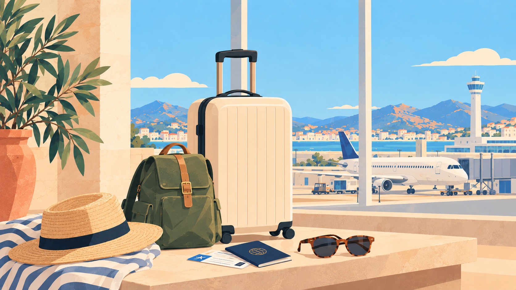 A suitcase, a backpack, a passport and a boarding pass by an airport window, with a plane at the gate and a coastal town and mountains beyond.
